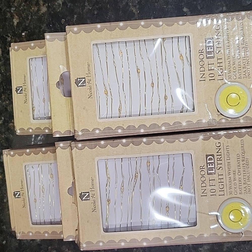 NWT Set of 4  Indoor 10ft LED Light String Warm White Lights With Gold Wire